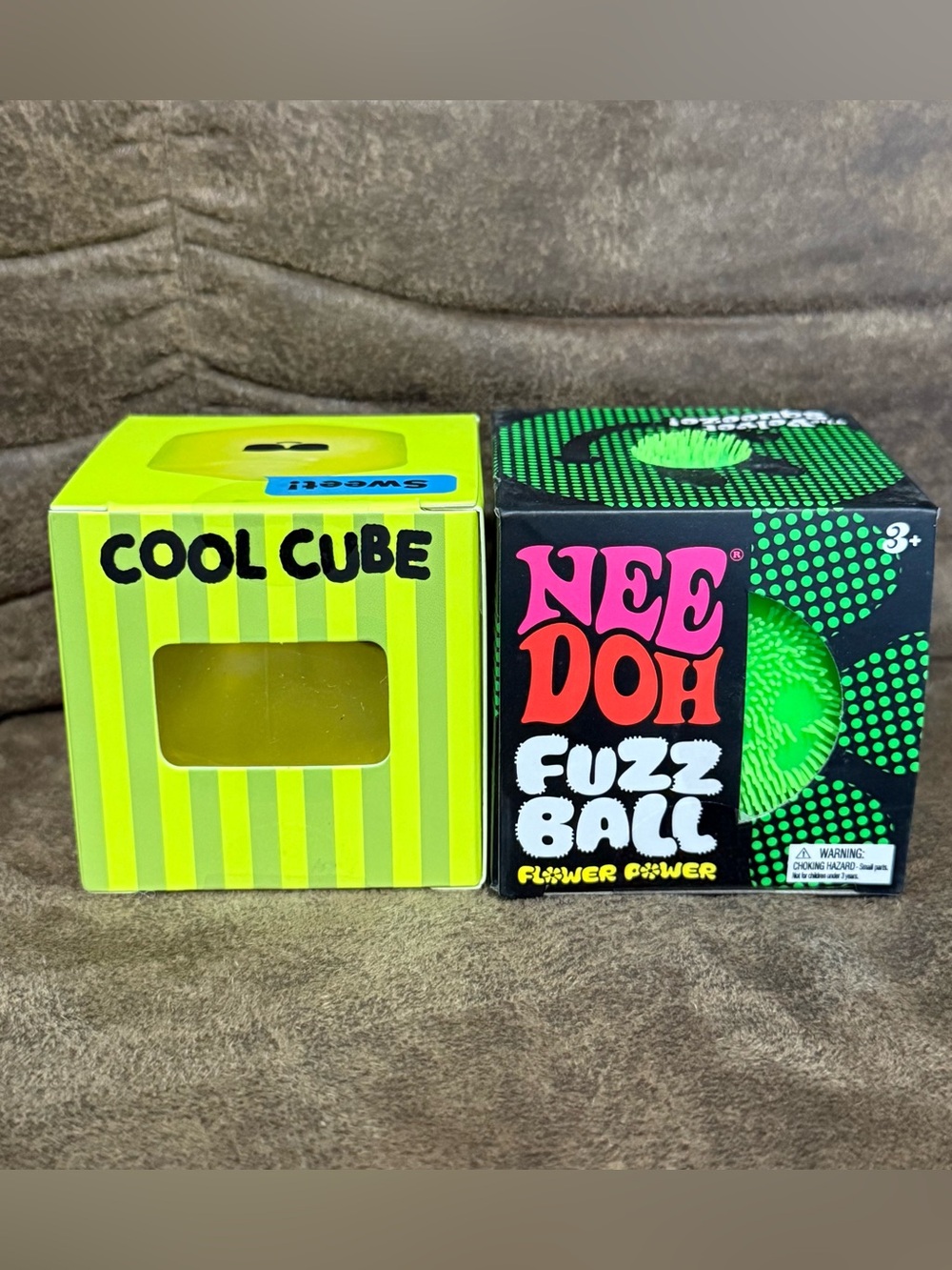NEW Needoh Fuzz Ball The Velvet Squeeze GREEN & J’adore Cool Cube LIME GREEN